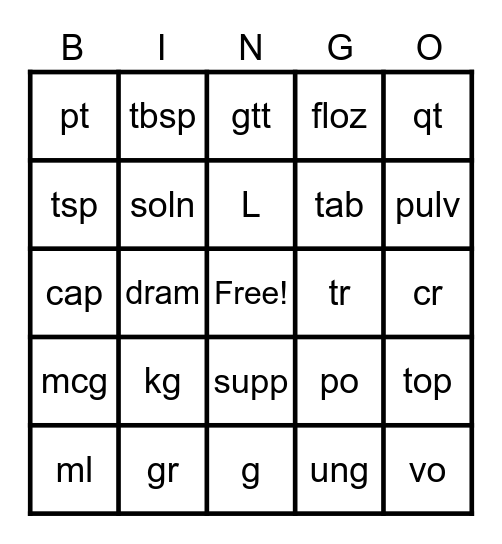 Abbreviations kg-vo Bingo Card