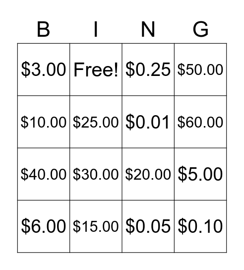 Money Bingo Card