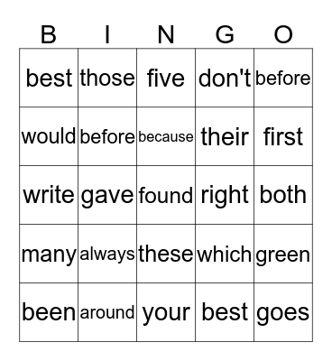 Second Grade Sight Words Bingo Card