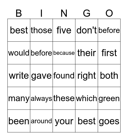 Second Grade Sight Words Bingo Card