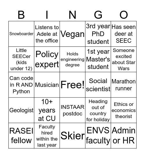 SEEC Holiday Bingo! Bingo Card