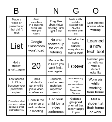 Online Team Building Bingo Card