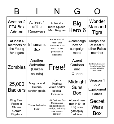 Marvel United Kickstarter Bingo Card