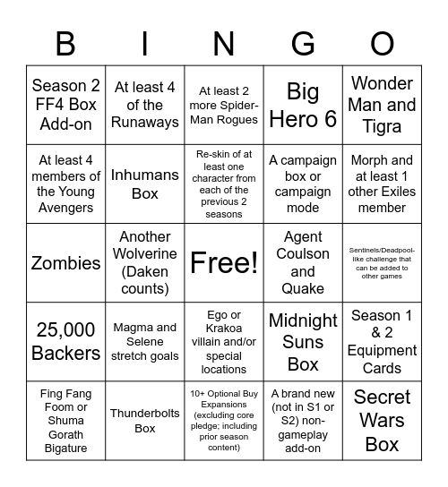 Marvel United Kickstarter Bingo Card