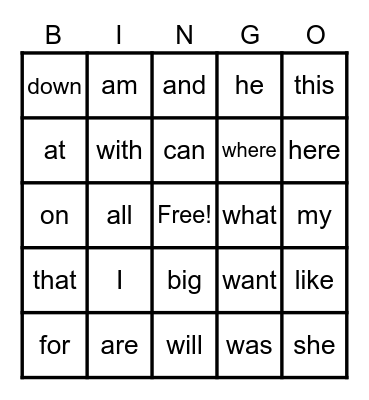 1G Sight Words Bingo Card