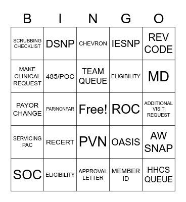 Home Health Bingo Card