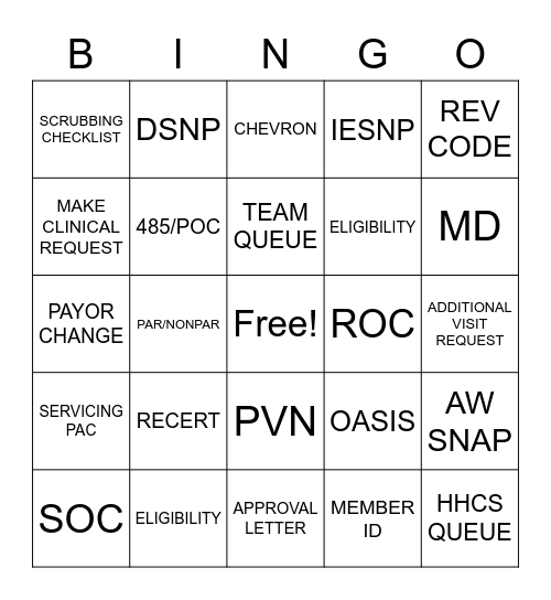 Home Health Bingo Card