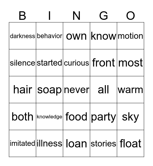 Helen Keller Vocabulary Bingo Card
