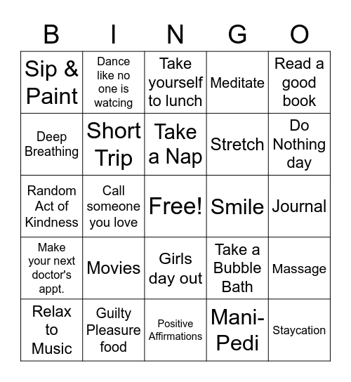 Self-Care Bingo Card