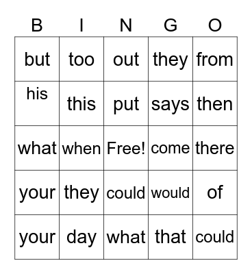 Sight Words List 2 Bingo Card