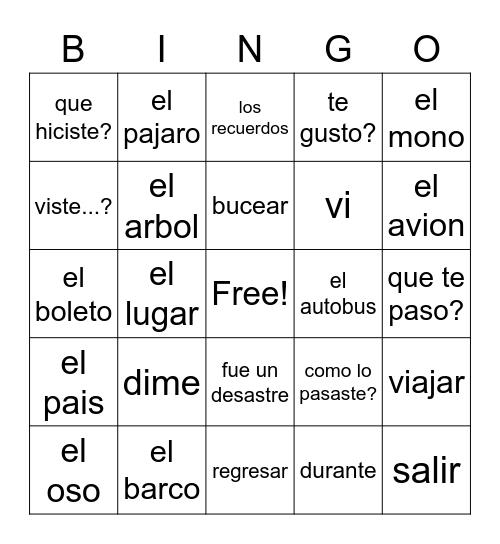 Realidades 1 8A Bingo Card