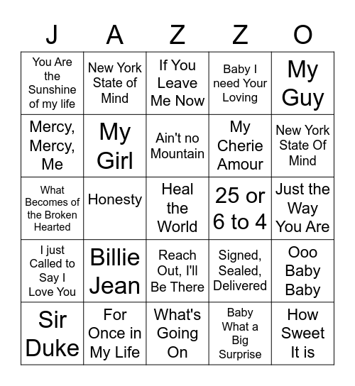Name That Tune Jazzo Bingo Card