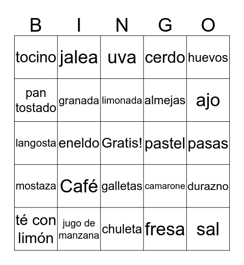 Food Bingo Card