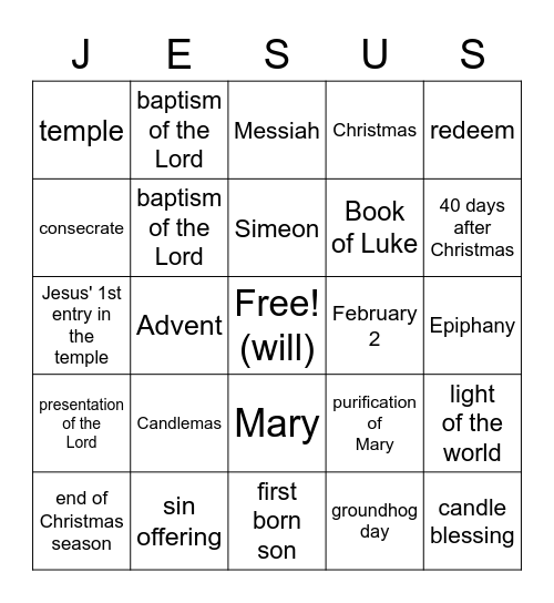 Catholic Candlemas Bingo Card