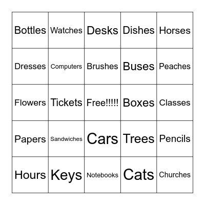 Plural Nouns Bingo Card