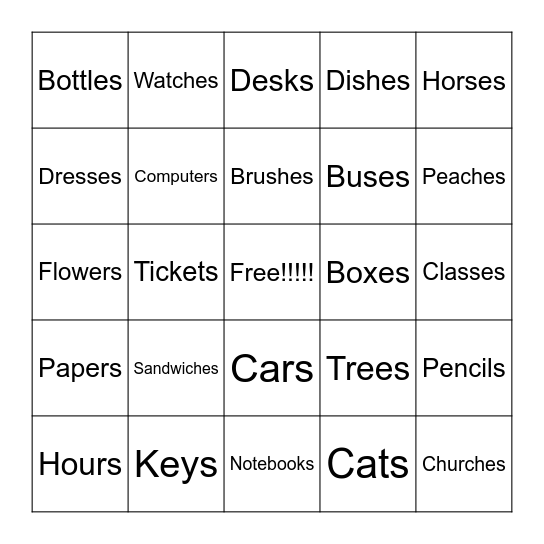 Plural Nouns Bingo Card