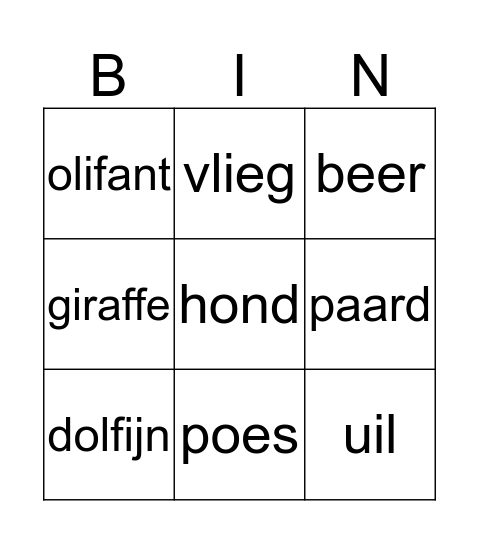 dieren Bingo Card