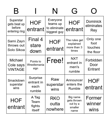 Royal Rumble 2023 Bingo Card