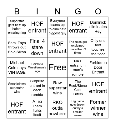 Royal Rumble 2023 Bingo Card