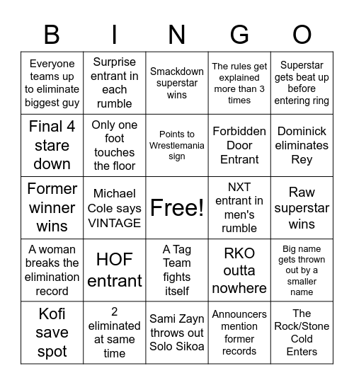 Royal Rumble 2023 Bingo Card