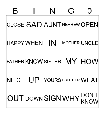 Sign Language Bingo (opposites) Bingo Card