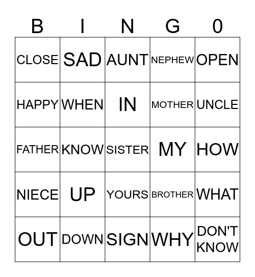 Sign Language Bingo (opposites) Bingo Card