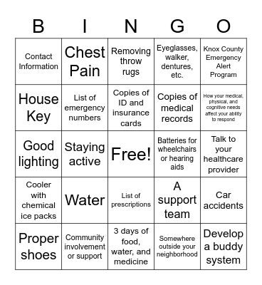 Emergency Preparedness Bingo Card