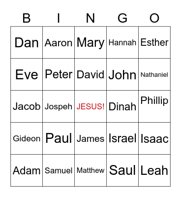 Bible Names Bingo Card