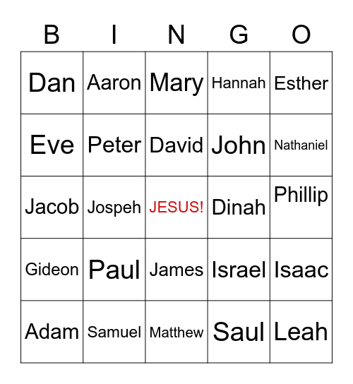 Bible Names Bingo Card