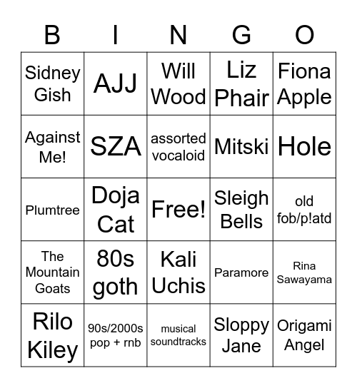 Music Taste Bingo Card