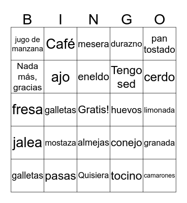 Food Bingo Card