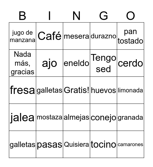 Food Bingo Card