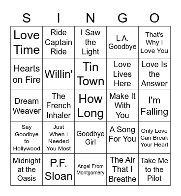 Elks Singo 70s Soft Rock Bingo Card