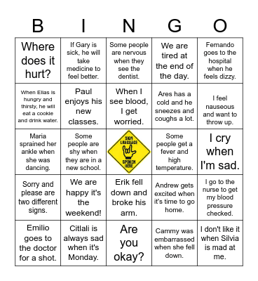 ASL Emotions/Medical Bingo Card