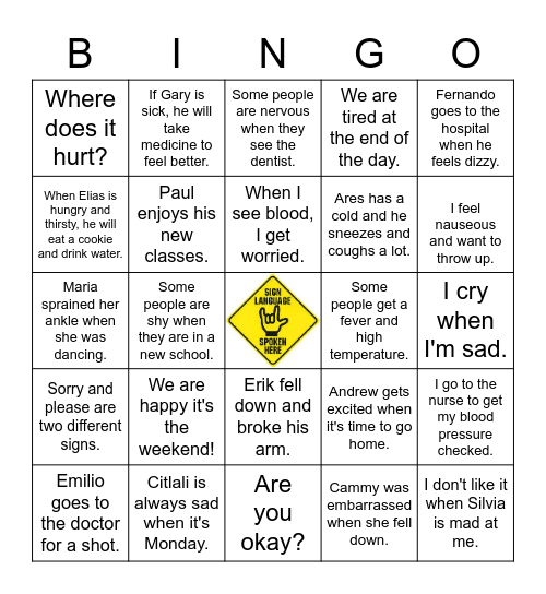 ASL Emotions/Medical Bingo Card