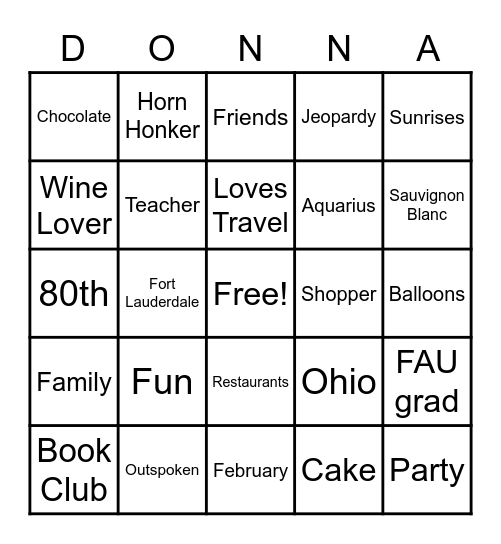 Donna's Birthday Bingo Card