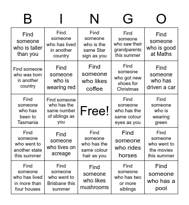 Bingo Class 8 Bingo Card