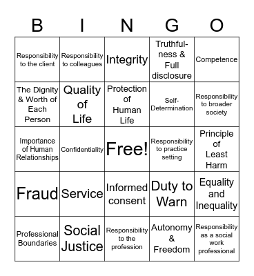 Social Work Ethics Bingo Card