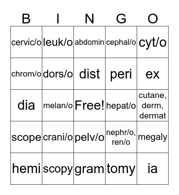 Medical Terminology Bingo Card