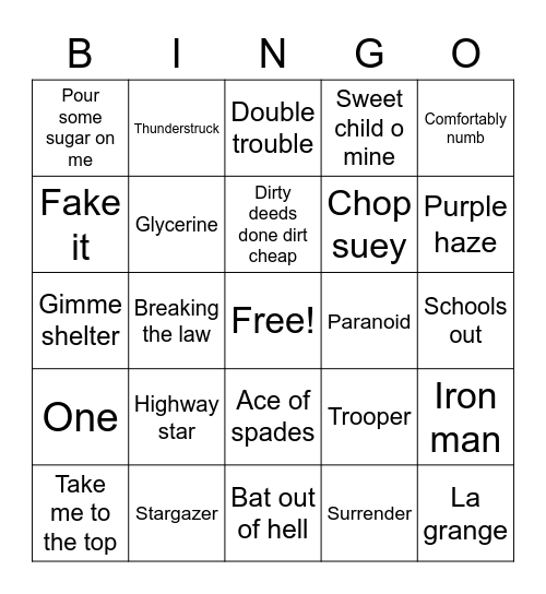Rock & Roll Bingo Card