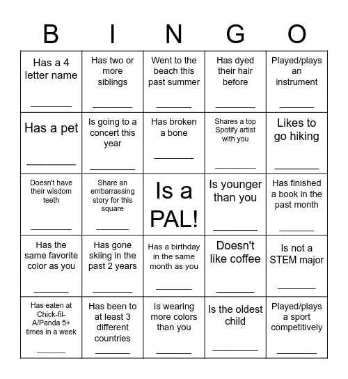 PAL bingo Card