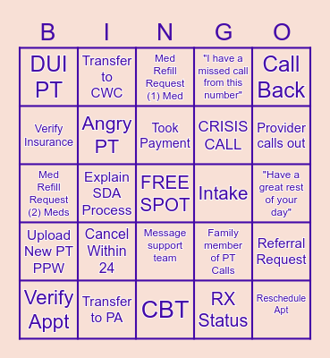 Mental Health Call Center BINGO Card
