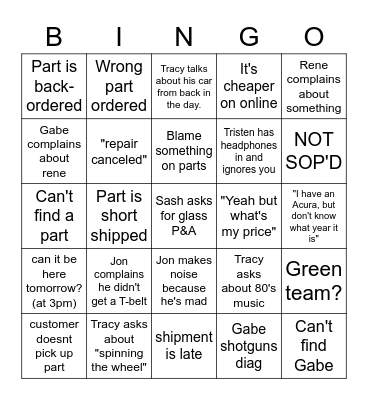 PARTS DEPARTMENT BINGO Card