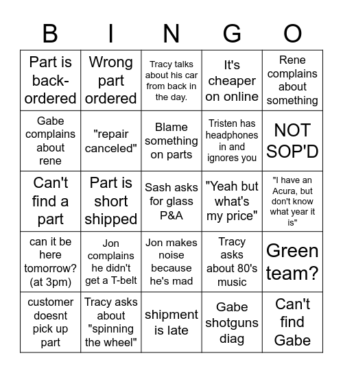 PARTS DEPARTMENT BINGO Card