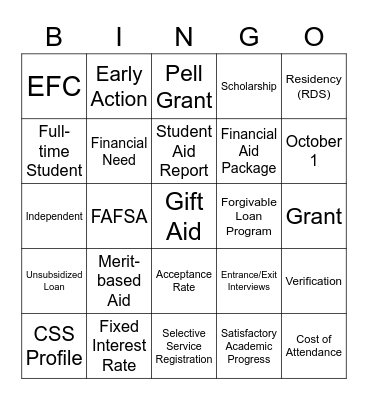 Financial Aid Bingo Card