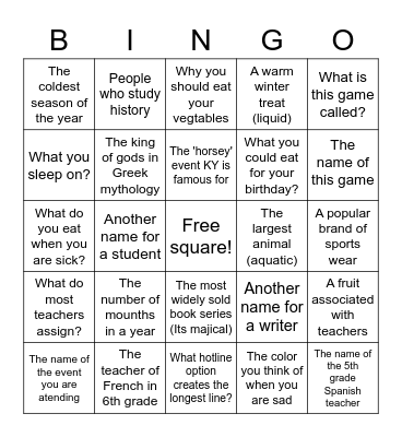 Trivia night Bingo! Bingo Card