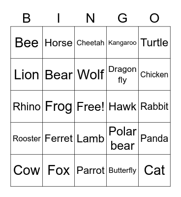 Animal Round Bingo Card
