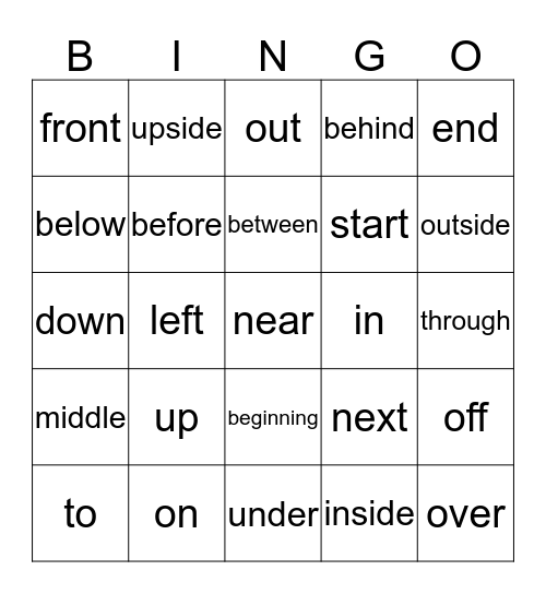 Directional Words Bingo Card