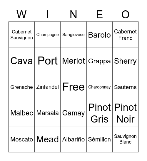 Fieldstone Wine Bingo! Bingo Card