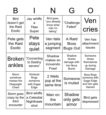 Fireteam Storm Raid Bingo Card